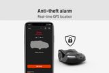 Smartphone displaying a lawn mower app with an error message and anti-theft alarm feature.