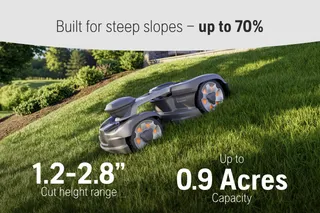 Robotic lawn mower operating on a steep grassy slope, showcasing cut height range and capacity.