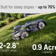 Robotic lawn mower operating on a steep grassy slope, showcasing cut height range and capacity.