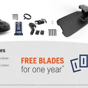 Kit includes a robotic lawn mower, charging station, reference station, installation materials, blades, operator's manual, and welcome guide.