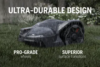 Robotic lawn mower operating in rainy weather, showcasing ultra-durable design with pro-grade wheels and superior surface transitions.