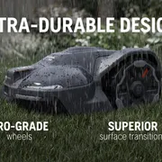 Robotic lawn mower operating in rainy weather, showcasing ultra-durable design with pro-grade wheels and superior surface transitions.
