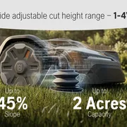 Robotic lawn mower with adjustable cut height range of 1-4 inches, capable of handling up to 45% slope and 2 acres capacity.