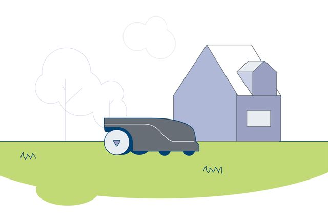 Illustration av en robotgräsklippare som arbetar nära ett hus.