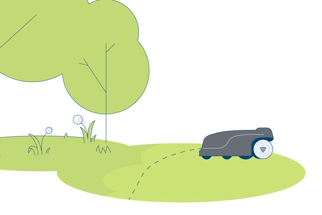 Illustration av en robotgräsklippare som arbetar på en gräsyta med träd och växter.