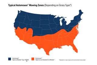 Map of the United States showing typical Automower mowing zones based on grass type.