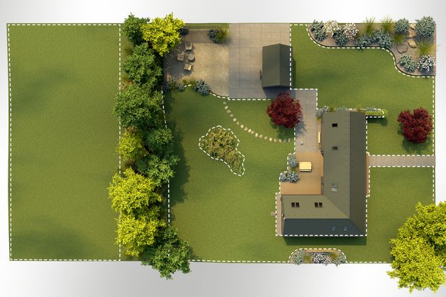 Top view of a landscaped garden with pathways, trees, and a house.