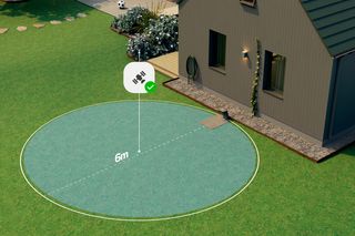 Illustration of a robotic lawn mower's coverage area in a garden next to a house.