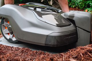 A robotic lawn mower operating on a garden mulch bed.