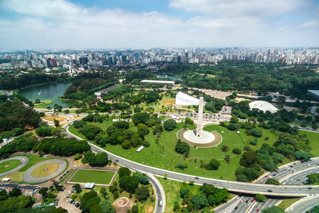 Aerial view of Ibirapuera Park in São Paulo, showcasing its green spaces and surrounding cityscape.