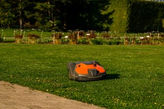 Robotizēts zāles pļāvējs, kas darbojas labi uzturētā zālienā dārza vidē.