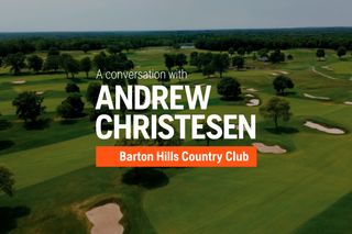 Aerial golf course with overlay text: “A conversation with Andrew Christesen — Barton Hills Country Club.”