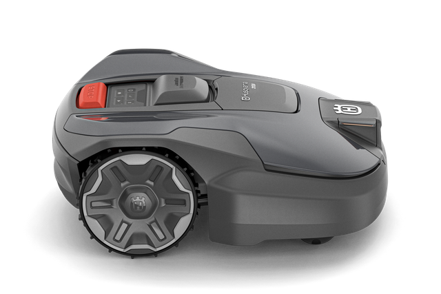 Husqvarna Automower®® 312V Mähroboter mit sichtbarem Rad und Bedienfeld, als Zugluft gekennzeichnet.