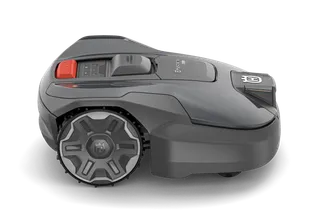 Husqvarna Automower® 312V Роботизована газонокосарка з видимим колесом і панеллю керування, позначена як чорна.