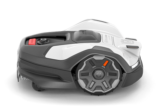 Side view of a robotic lawn mower with visible wheel and cutting mechanism.