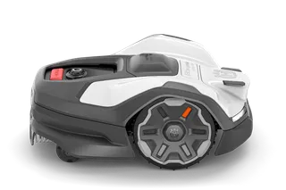 Side view of a robotic lawn mower with visible wheel and cutting mechanism.