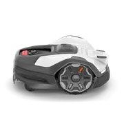 Side view of a robotic lawn mower with visible wheel and cutting mechanism.
