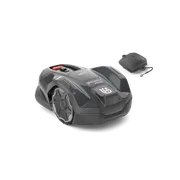 Side view of a Husqvarna robotic lawn mower with a charging station.