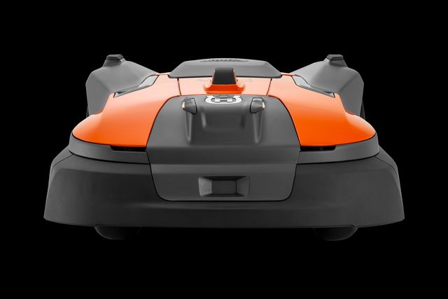 Husqvarna Automower® 580 EPOS®. Front view of a robotic lawn mower with sleek design.