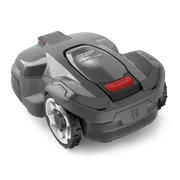 Vista frontal de un robot cortacésped Husqvarna con un botón de parada visible.