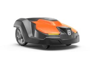Front view of a Husqvarna robotic lawn mower.
