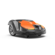 Front view of a Husqvarna robotic lawn mower.