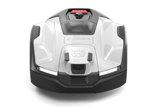Front view of a robotic lawn mower with sleek design.