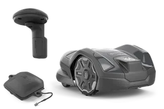 Husqvarna robotic lawn mower with satellite receiver and charging station.