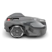 Side view of a Husqvarna robotic lawn mower with visible control panel and wheels.