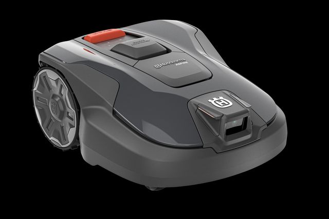 Front view of a Husqvarna robotic lawn mower.