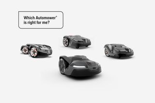 Four different models of robotic lawn mowers displayed with a text overlay asking "Which Automower is right for me?"
