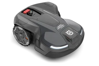 Front view of a Husqvarna robotic lawn mower showcasing its sleek design.