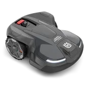 Front view of a Husqvarna robotic lawn mower showcasing its sleek design.