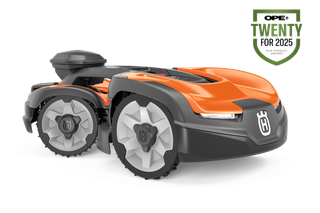 Side view of a robotic lawn mower with an award badge for "OPE+ Twenty for 2025".