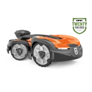 Side view of a robotic lawn mower with an award badge for "OPE+ Twenty for 2025".