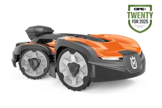 Side view of a robotic lawn mower with an award badge for "OPE+ Twenty for 2025".