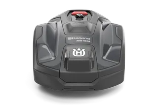 Front view of a Husqvarna 305E NERA robotic lawn mower.