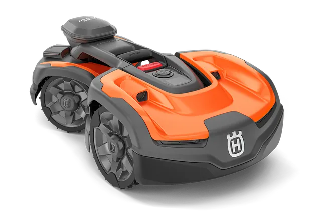 Robotgräsklippare med Husqvarna-varumärket som visar upp dess design.