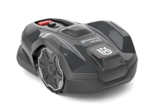 Side view of a Husqvarna robotic lawn mower with visible control panel.