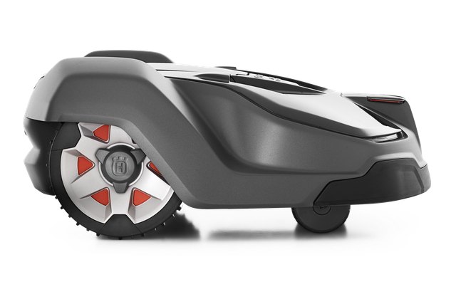 Side view of a robotic lawn mower with a sleek design.