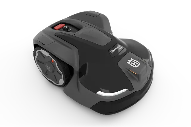 Side view of a Husqvarna robotic lawn mower on a white background.