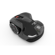 Side view of a Husqvarna robotic lawn mower on a white background.
