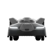 Front view of a Husqvarna robotic lawn mower with LED headlights.