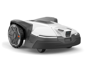 Side view of a robotic lawn mower with visible wheels and cutting deck.