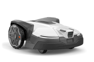 Side view of a robotic lawn mower with visible wheels and cutting deck.