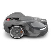 Side view of a Husqvarna robotic lawn mower with visible control panel and wheels.
