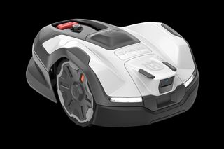 Front view of a robotic lawn mower with a visible control panel.