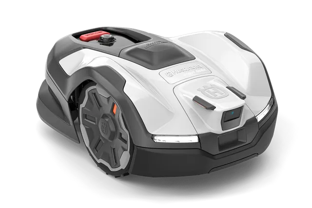 Front view of a robotic lawn mower with a visible control panel.