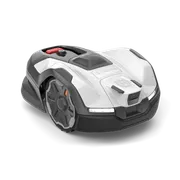 Front view of a robotic lawn mower with a visible control panel.