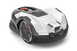 Front view of a robotic lawn mower with a visible control panel.